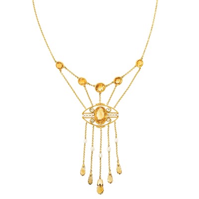 Lot 240 - Antique Gold, Citrine and Freshwater Pearl Fringe Necklace