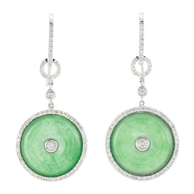 Lot 402 - Pair of White Gold, Jade and Diamond Pendant-Earrings