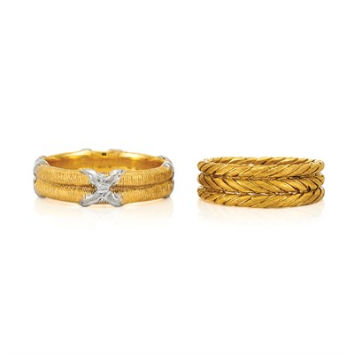 Lot 796 - Two-Color Gold Band Ring, Mario Buccellati, and Gold Band Ring, Buccellati