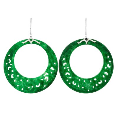 Lot 406 - Pair of White Gold, Diamond and Carved Jade Hoop Pendant-Earrings