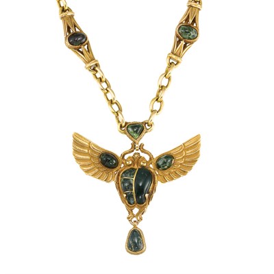 Lot 347 - Egyptian Revival Style Gold and Green Hardstone Pendant-Necklace
