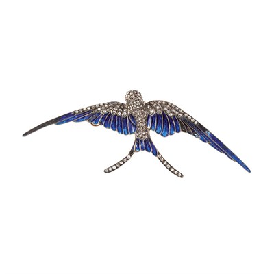 Lot 667 - Antique Silver, Gold, Diamond and Blue Enamel Swallow Brooch
