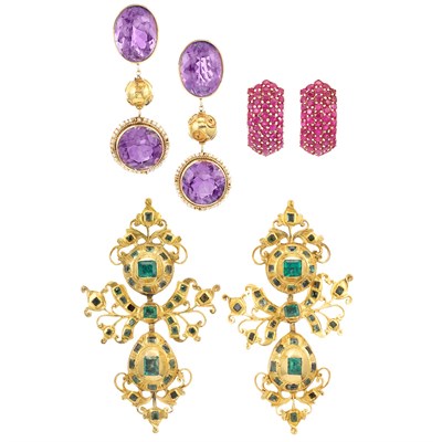 Lot 356 - Two Pairs of Gold and Gem-Set Pendant-Earrings and Gold and Ruby Earrings