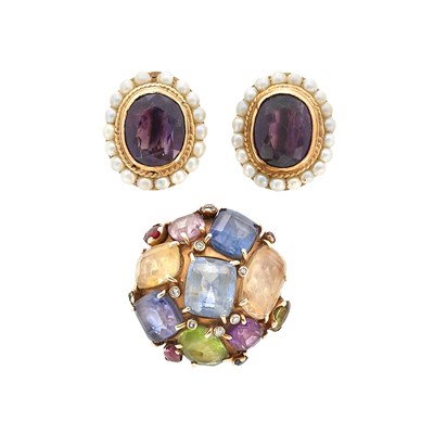 Lot 576 - Gold and Gem-Set Cluster Ring and Pair of Amethyst and Cultured Pearl Earclips