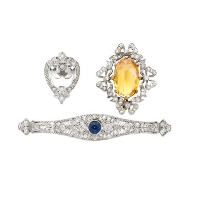Lot 236 - Two Period Diamond and Gem-Set Pins and Diamond Clip