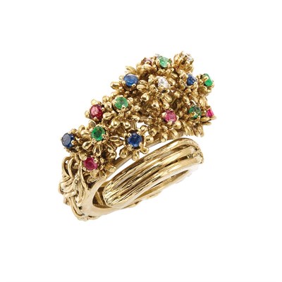 Lot 560 - Gold, Diamond and Gem-Set Crossover 'en Tremblant' Floret Ring, Ilias Lalaounis