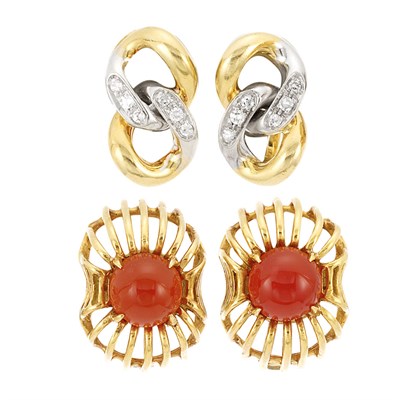 Lot 5 - Pair of Gold and Carnelian Earrings, David Webb, and Pair of Yellow and White Gold and Diamond Curb Link Earclips, Pomellato