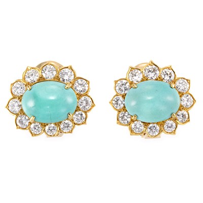 Lot 721 - Pair of Gold, Turquoise and Diamond Earclips, Van Cleef & Arpels