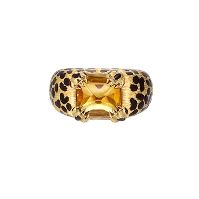 Lot 786 - Gold, Cabochon Citrine and Black Enamel Leopard Ring, Christian Dior, France