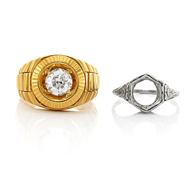 Lot 746 - Gentleman's Gold and Diamond Ring and Edwardian Platinum Ring Mounting
