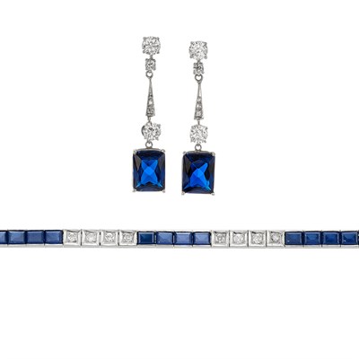 Lot 500 - Diamond and Synthetic Sapphire Straightline Bracelet and Pair of Simulated Sapphire and Diamond Pendant-Earrings
