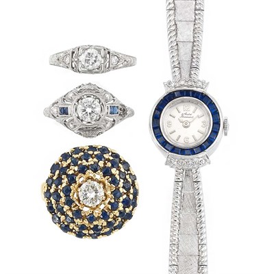 Lot 431 - Three Diamond and Gem-Set Rings and White Gold, Diamond and Synthetic Sapphire Wristwatch