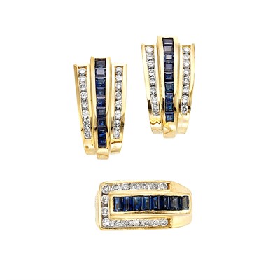 Lot 378 - Pair of Gold, Sapphire and Diamond Half-Hoop Earrings and Ring