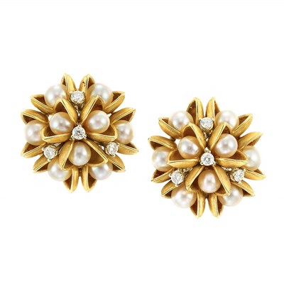 Lot 299 - Pair of Gold, Cultured Pearl and Diamond Flower Earclips