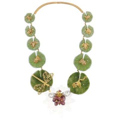 Lot 952 - Yellow and White Gold, Carved Nephrite, Carved Rock Crystal, Pink Tourmaline, Diamond and Gem-Set Necklace, Zadora