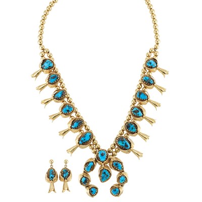 Lot 772 - Gold and Turquoise Necklace and Pair of Pendant-Earrings