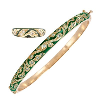 Lot 371 - Gold, Green Enamel and Diamond Bangle Bracelet and Ring