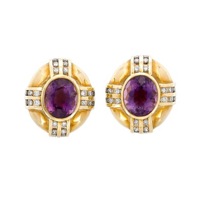 Lot 60 - Pair of Gold, Amethyst and Diamond Earrings