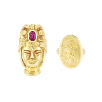 Lot 345 - Gold and Ruby Ring and Gold Intaglio Ring