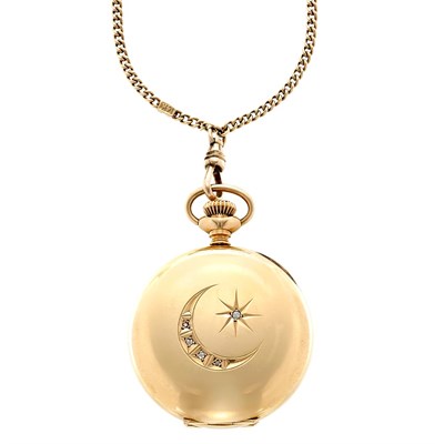 Lot 97 - Lady's Gold and Diamond Hunting Case Pocket Watch with Long Gold Watch Chain