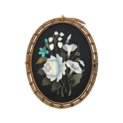 Lot 580 - Antique Low Karat Gold and Pietra Dura Pendant-Brooch