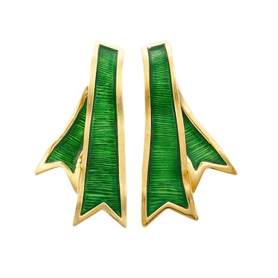 Lot 327 - Pair of Gold and Green Enamel Ribbon Earclips, Boris Le Beau
