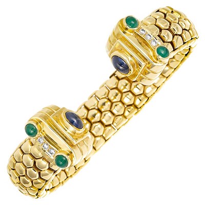 Lot 875 - Gold, Cabochon Colored Stone and Diamond Bangle Bracelet