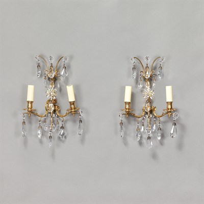 Lot 451 - Pair Louis XV Style Brass and Glass Two-Light...