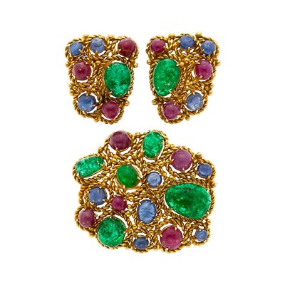Lot 310 - Gold and Cabochon Colored Stone Brooch and Pair of Earrings