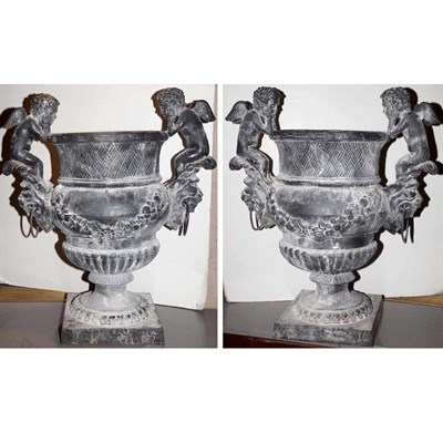 Lot 538 - Pair of Neoclassical Style Iron Garden Urns...