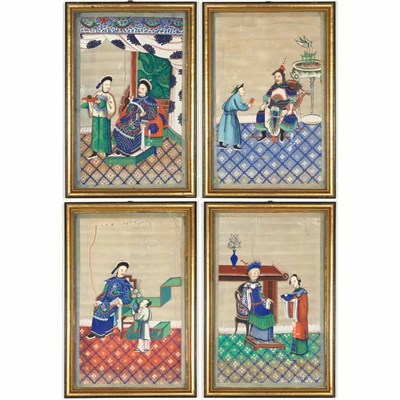 Lot 429 - Set of Eight Framed Chinese Polychrome Painted...