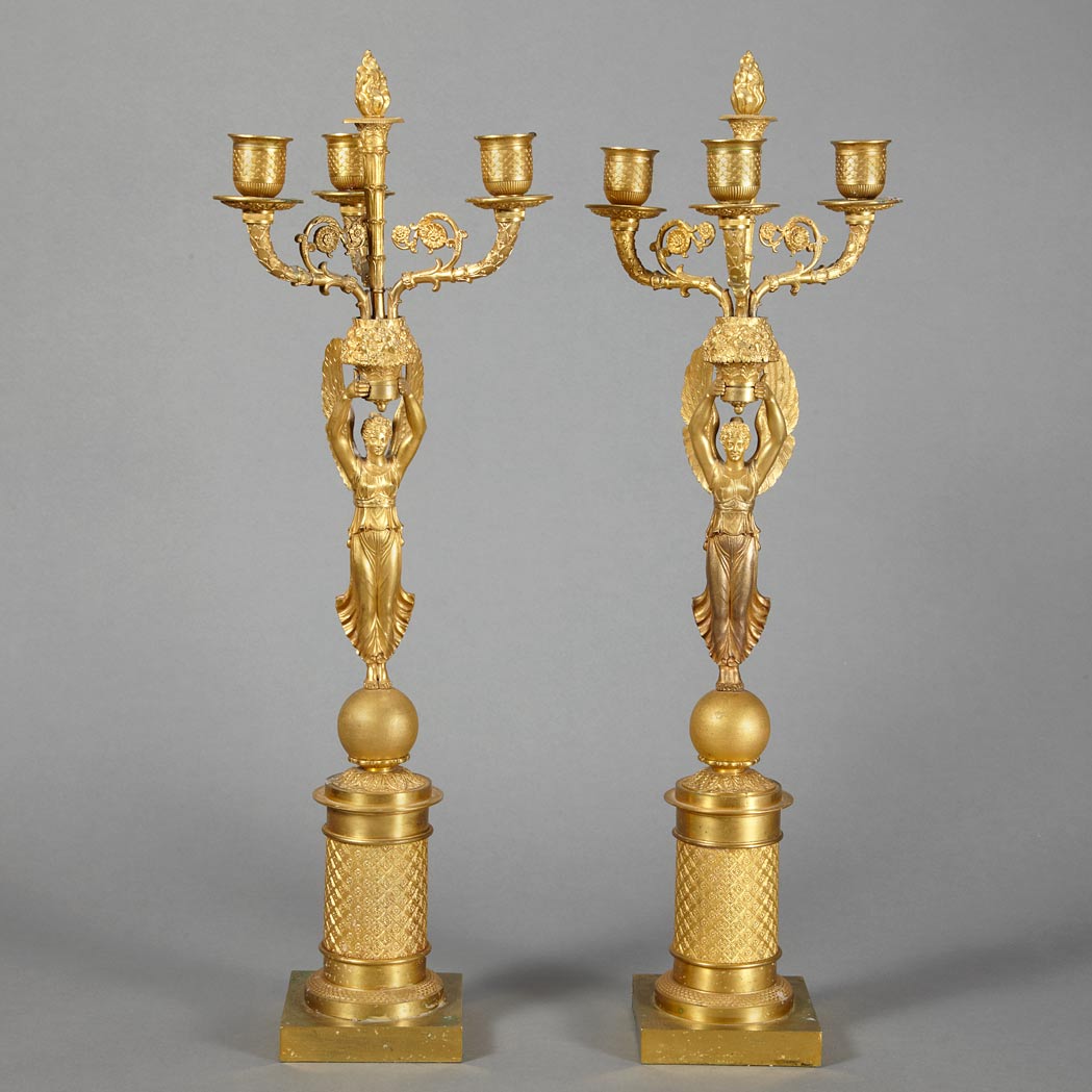 Lot 384 - Pair of Empire Gilt-Bronze Three-Light Figural...