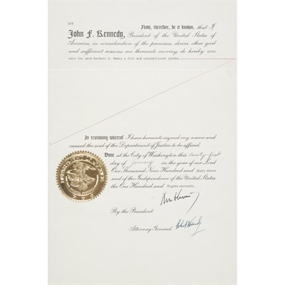Lot 28 - KENNEDY, JOHN FITZGERALD Presidential pardon...