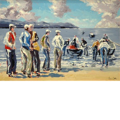 Lot 75 - Ivan Sutton Irish, b. 1944 Launching Currachs,...