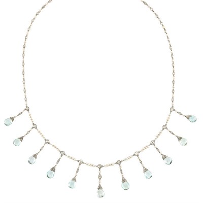 Lot 220 - Edwardian Platinum, Pearl, Diamond and Aquamarine Fringe Necklace