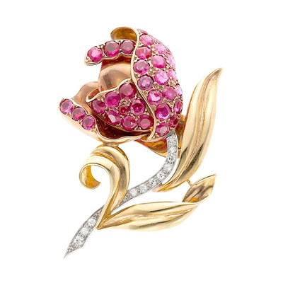 Lot 927 - Retro Two-Color Gold, Platinum, Ruby and Diamond Flower Clip