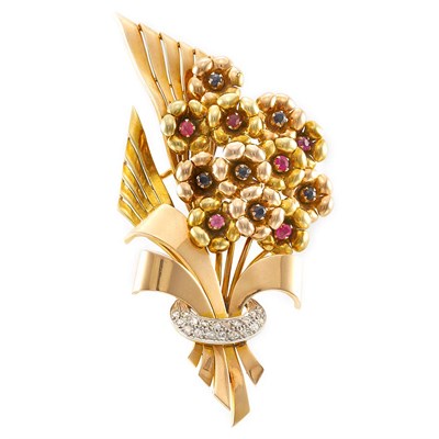 Lot 922 - Retro Two-Color Gold, Platinum, Ruby, Sapphire and Diamond Bouquet Brooch