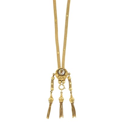 Lot 392 - Long Antique Gold Mesh Tassel Necklace with Low Karat Gold and Enamel Slide