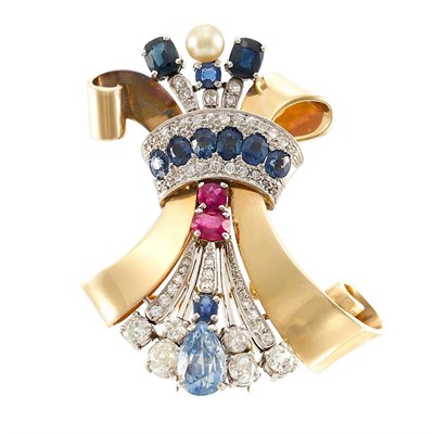 Lot 916 - Retro Gold, Platinum, Gem-Set, Diamond and Cultured Pearl Bow Clip