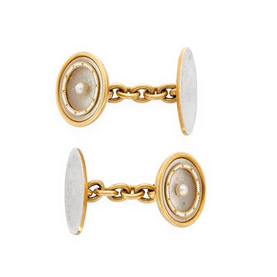 Lot 215 - Pair of Gold, Platinum, Mother-of-Pearl, Button Pearl and White Enamel Cufflinks