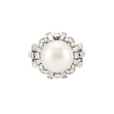 Lot 408 - Platinum, Cultured Button Pearl and Diamond Ring