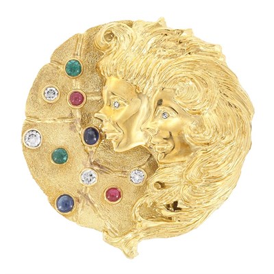 Lot 349 - Gold, Diamond and Cabochon Gem-Set Pendant-Brooch