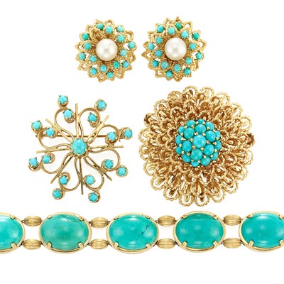 Lot 369 - Group of Gold and Turquoise Jewelry