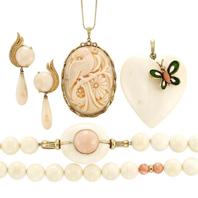 Lot 363 - Group of White and Angel Skin Coral Jewelry