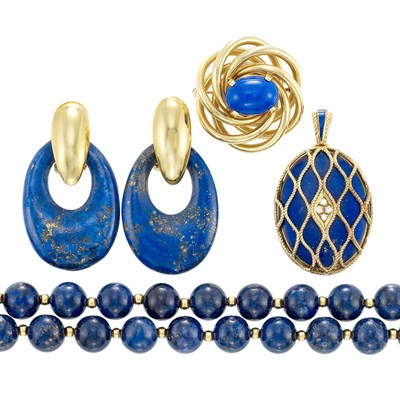 Lot 132 - Group of Gold, Lapis and Blue Enamel Jewelry and Gilt Metal and Lapis Hoop Earclips