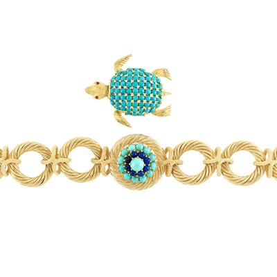 Lot 765 - Gold, Turquoise and Lapis Bracelet and Gold and Turquoise Turtle Pin