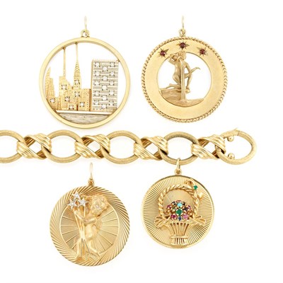 Lot 296 - Three Loose Gold, Diamond and Gem-Set Charms and Gold Charm Bracelet