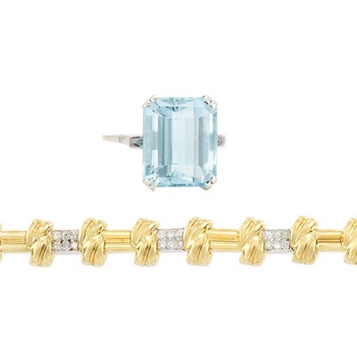 Lot 619 - White Gold and Aquamarine Ring and Two-Color Gold and Diamond Bracelet
