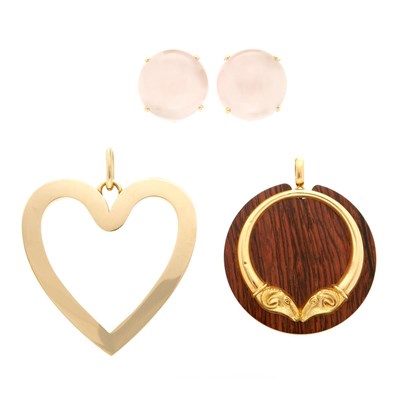Lot 56 - Two Gold and Wood Pendants and Pair of Rose Quartz Earclips