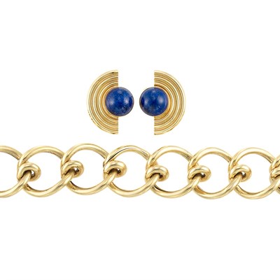 Lot 131 - Gold Link Bracelet and Pair of Gold and Lapis Earclips
